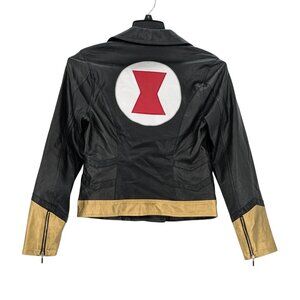 Marvel Faux Leather Moto Jacket Black Widow Zip Up Cosplay Hourglass Logo Comics